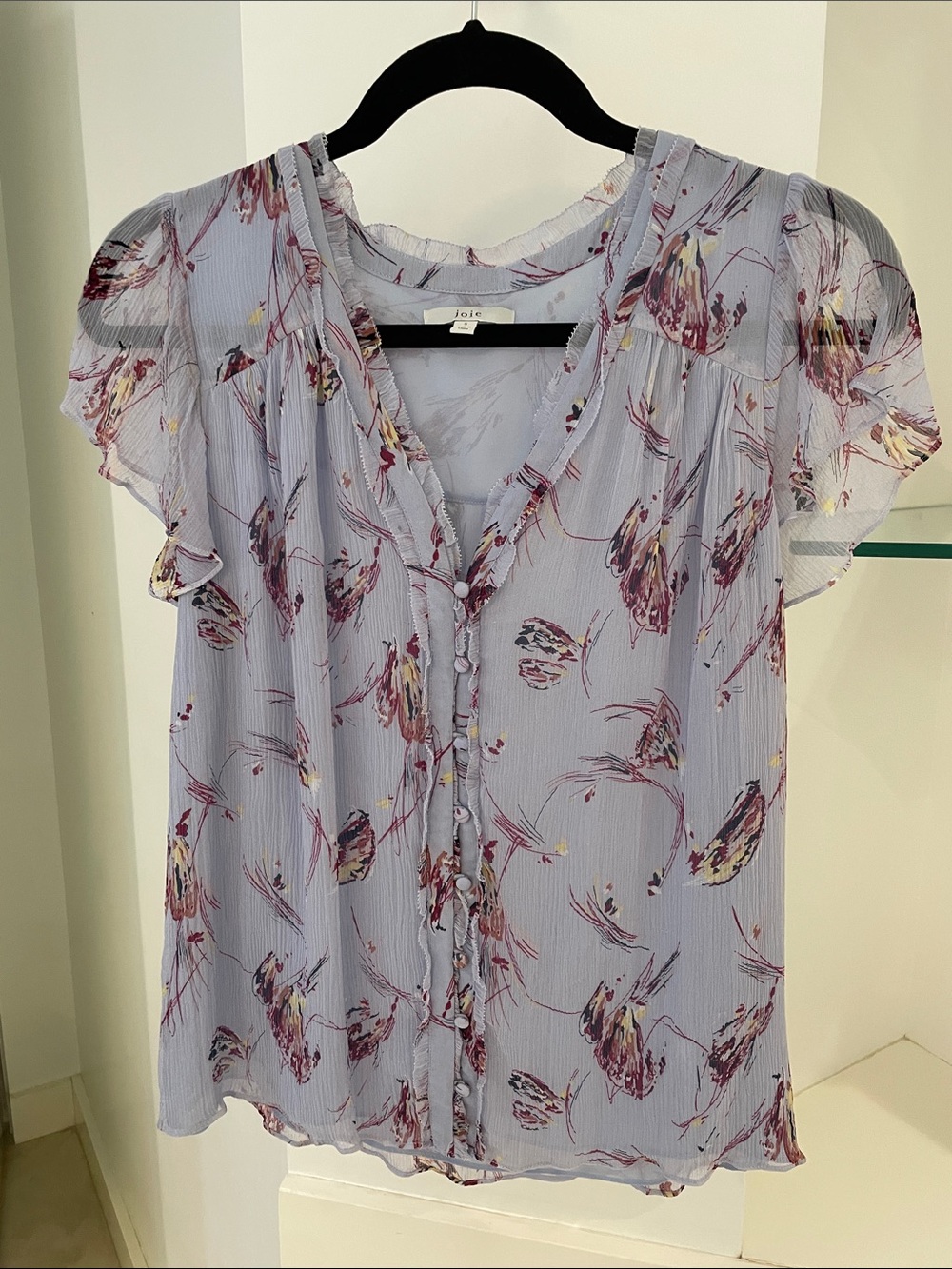 Joie Lavender Floral V-Neck Ruffle Sleeve Blouse